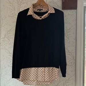 Black Sweater with Cream Polka Dot Shirt Layered Look